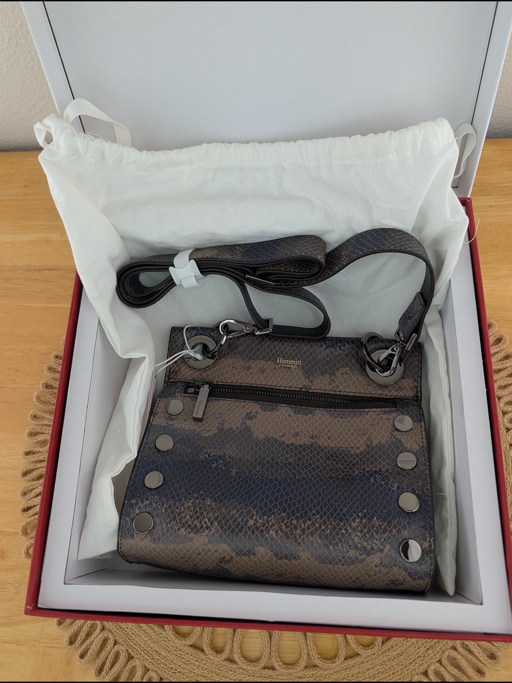 Hammitt Tony Crossbody Bag Olivine Snake Embossed Leather Gunmetal Rivet Detail